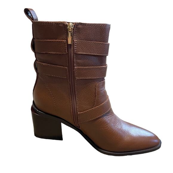 Vince Camuto Leather Buckle Mid-Shaft Zip Boots Kempreea Cocoa Biscuit 9.5 NIB - Picture 1 of 12